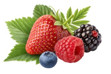 Red strawberry raspberry blackberry and blue blueberry with green leaves berries