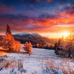 Evening landscape lit by the first snow of winter; beautiful, stunning and wild landscape photography during sunset time on mountains