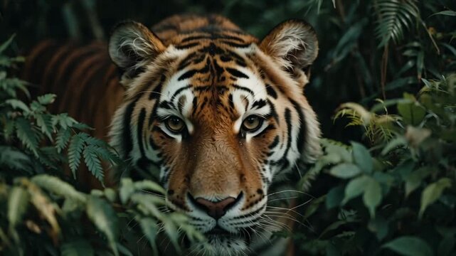 A majestic tiger emerges from the dense, verdant jungle, its piercing eyes fixated forward, embodying the raw power and untamed spirit of the wilderness in a captivating moment of watchful intensity