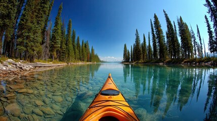 Orange Kayak on Clear Lake with Evergreen Forest and Mountains