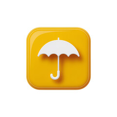 3D Yellow Square Icon with White Umbrella Symbol rain protection