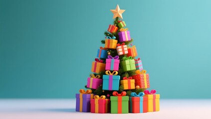 Colorful Christmas Tree with Gift Boxes and Star Decoration
