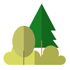 Flat Design Forest with Bush and Two Trees Landscape Illustration