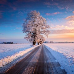 Evening view with beautiful natural winter snow tree in the countryside field on road path to horizon, landscape photography 