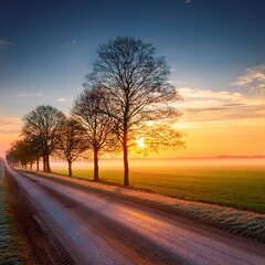 Evening view with beautiful natural winter trees in a rural field on a road leading to the horizon, landscape photography of summer sunset during sunrise 