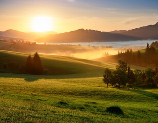 Landscape image over a green field lit by orange and sunlight in beautiful magical light, 