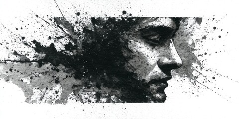 Ink sketch of a persons profile detailed nose lips  eye Black ink splatters surround the face fading on the left with white background