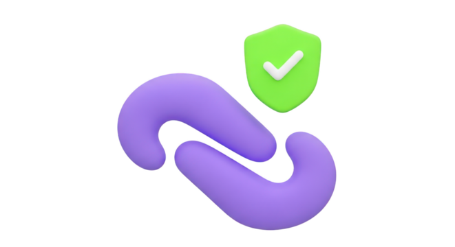 Purple abstract shape with green shield and checkmark isolated on a transparent background