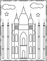 Coloring image of a mosque with colorful samples. It can be used for coloring books and coloring pages.