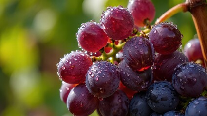 Ripe red and purple grapes glistening with water droplets on a vine red grapes