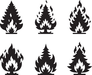 Vector art of burning christmas tree collection a set of six christmas trees engulfed in flames, symbolizing destruction or a unique holiday theme, ideal for conceptual designs on