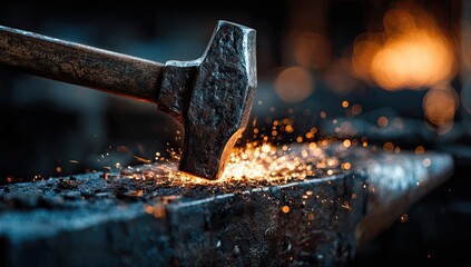 Metal hammer striking glowing hot metal