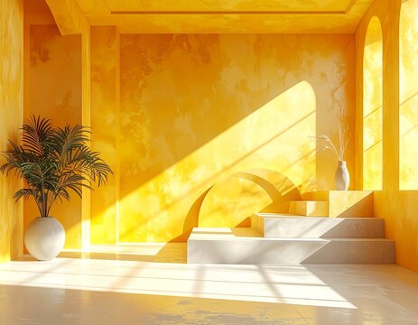 Sunny, vibrant yellow room with steps and arch