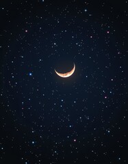 Naklejka premium A slender sliver of a crescent moon hangs in the inky black night sky, a celestial beacon amidst a field of distant stars, astronomy, night
