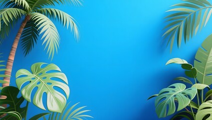 Lush Tropical Foliage with Bright Blue Background for Summery Vibe