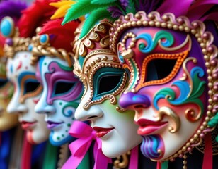 Colorful Venetian carnival masks, intricate details, festive celebration, traditional craftsmanship, elegant designs, mysterious allure, mysterious, detail, close-up