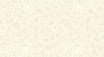 Autumn Harvest Food and Travel Doodle Pattern. Hand-drawn seamless vector background