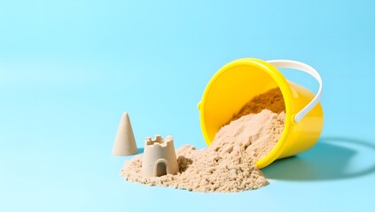 Bright Yellow Bucket with Sand and Sandcastle on Blue Background