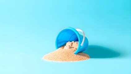 Blue Bucket with Sand Spilled on Light Blue Background
