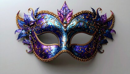 Elaborate blue and purple masquerade mask adorned with gold accents on gray background