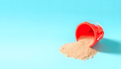 Bright Red Bucket Spilling Sand on Soft Blue Background