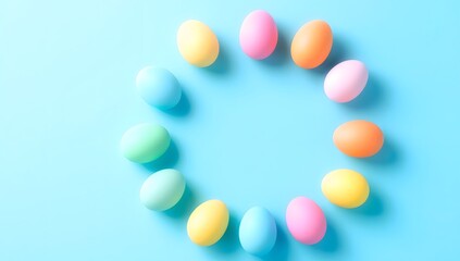 Colorful Pastel Eggs Arranged in Circle on Soft Blue Background