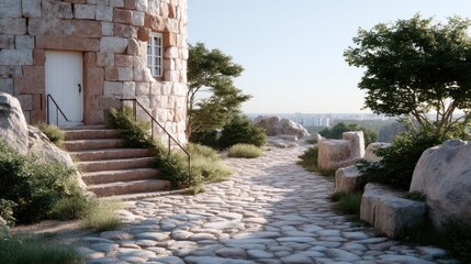 Ancient Stone Tower with Cobblestone Path Leading to Doorway in Historic Landmark with Cinematic HDR Lighting