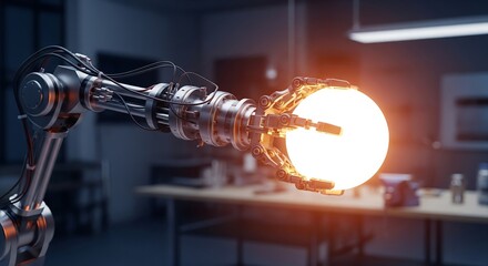 Robotic technology hand holding bright glowing energy ball