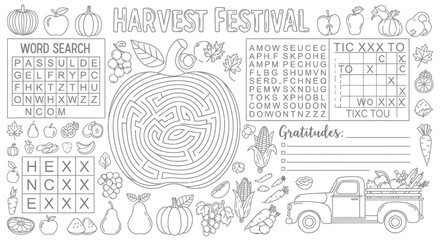 Fototapeta premium Engaging Harvest Festival Activity and Coloring Page with Puzzles, Maze, and Gratitude Section