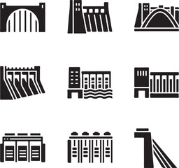 Vector art of diverse collection of dam icons, showcasing various dam structures, including hydroelectric, arch, and gravity dams, perfect for engineering, energy, and infrastructure projects on
