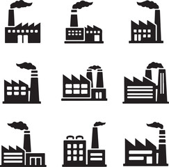 Vector art of collection of industrial factory icons, depicting various manufacturing plants with chimneys and buildings, symbolizing industry, production, and environmental impact on