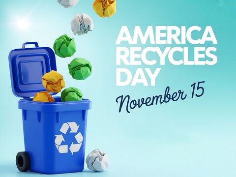 Celebrate america recycles day november 15 with a blue recycling bin filled with colorful crumpled paper balls - Powered by Adobe