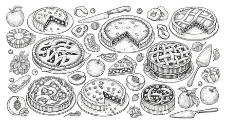 Homemade Fruit Pies and Tarts Collection Sketch: Delicious Dessert Assortment in Engraving Style