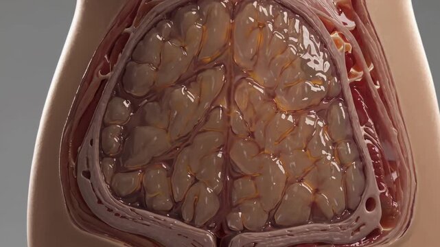 Human female breast anatomy detailed cross section view, showing glandular tissue, milk ducts, adipose tissue, and connective ligaments, crucial for understanding breast health and lactation