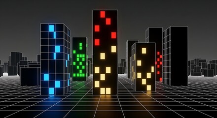 A deconstructed cityscape, where buildings are mere outlines and windows are glowing squares of pure color.