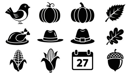 Thanksgiving and Autumn Harvest Icons Set: Celebrate Fall Season with Traditional Elements