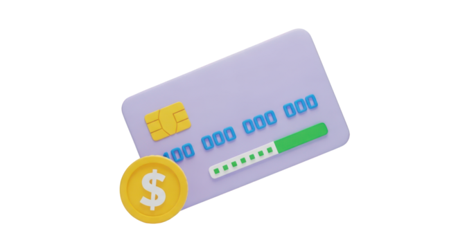 Purple credit card with dollar coin and progress bar isolated on a transparent background payment