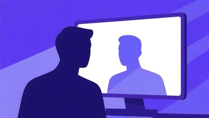 Person Silhouette Looking at Computer Screen with Reflection Effect