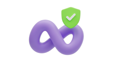 Purple infinity symbol with green shield and checkmark isolated on a transparent background