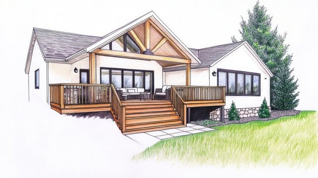 Contemporary house exterior with wooden deck color pencil drawing