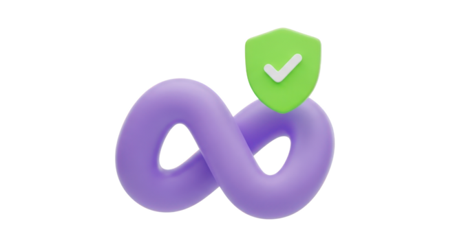 Purple infinity symbol with green shield and checkmark isolated on a transparent background