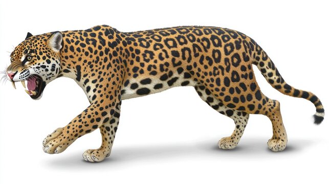 Spotted jaguar, prowling and displaying teeth