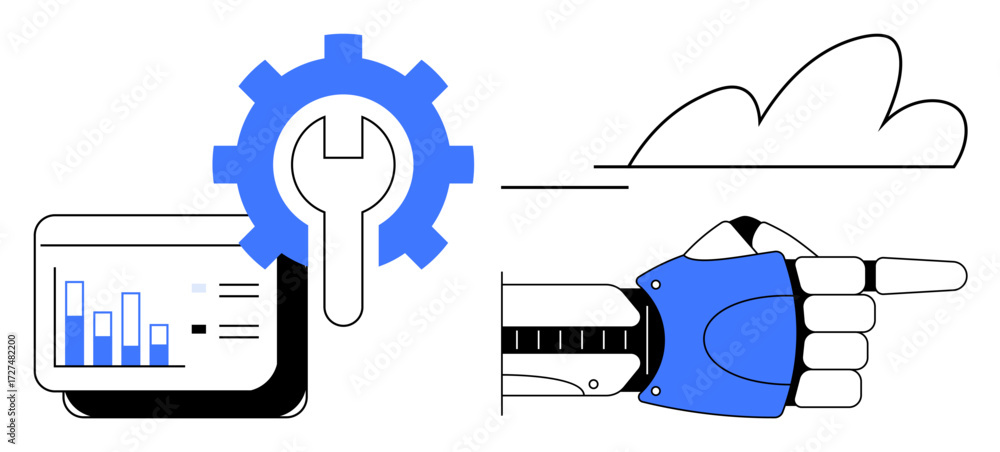 Aufkleber robotic hand pointing forward, cog with wrench over analytics screen, cloud in background. ideal for