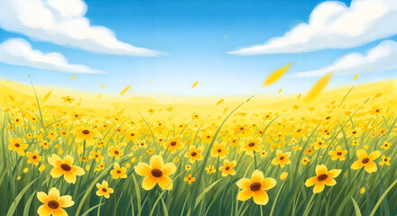 Vibrant field of yellow sunflowers swaying gently under a bright blue sky with fluffy clouds, peaceful scene