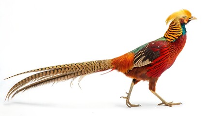 Golden pheasant bird with long tail on white background