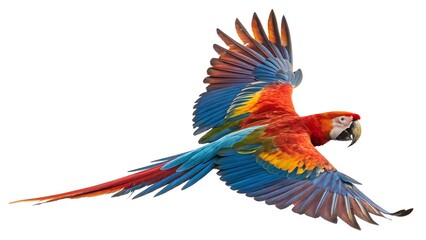 Fototapeta premium Vibrant macaw parrot in flight against a white background
