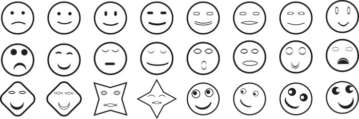 Emoji faces icon set in outline style. Minimal line emoji. emoji faces set with various expressions, different emotions. Simple sketch style emoticons. Vector illustration.
