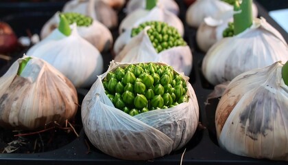 Garlic bulbs in black tray, some sprouted green buds, close-up, bright natural lighting