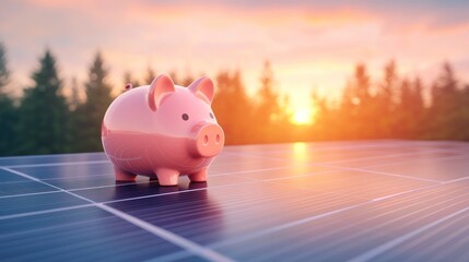 Piggy bank on solar panel at sunset saving for renewable energy