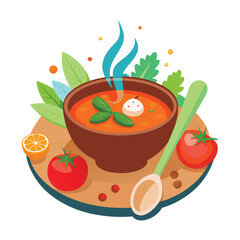 A steaming bowl of vibrant tomato soup garnished with fresh basil and a dollop of cream served with whole tomatoes and a lemon slice on a wooden board perfect for a healthy meal